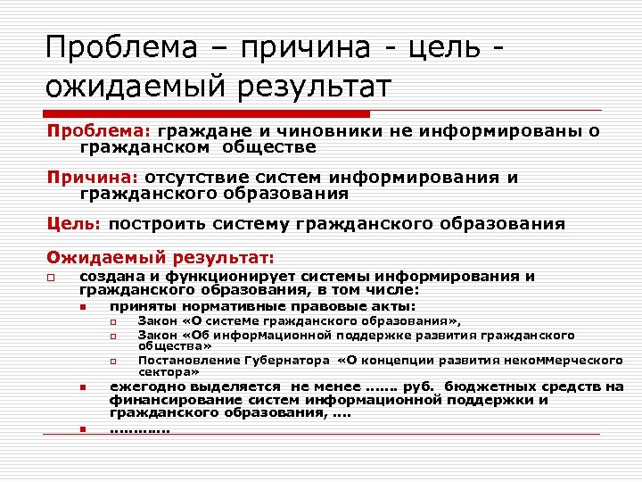 Проблема – причина - цель ожидаемый результат Проблема: граждане и чиновники не информированы о