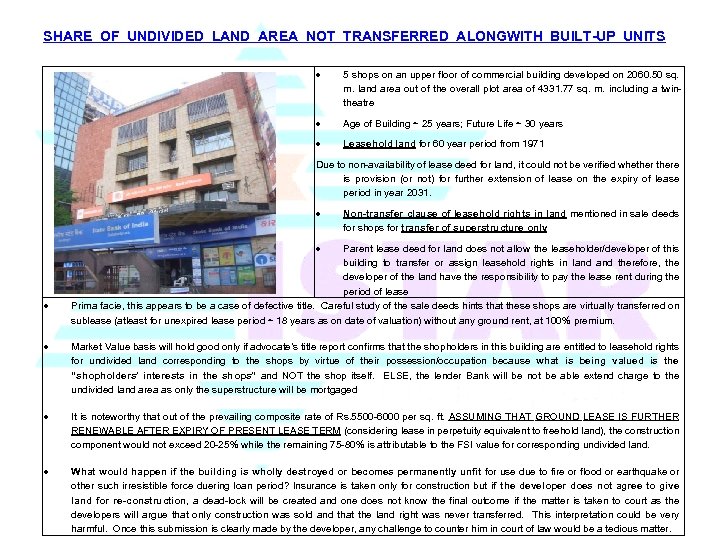 SHARE OF UNDIVIDED LAND AREA NOT TRANSFERRED ALONGWITH BUILT-UP UNITS 5 shops on an