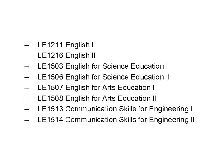 – – – – LE 1211 English I LE 1216 English II LE 1503