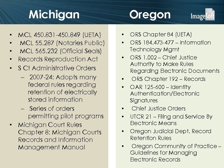 Michigan • MCL 450. 831 -450. 849 (UETA) • MCL 55. 287 (Notaries Public)