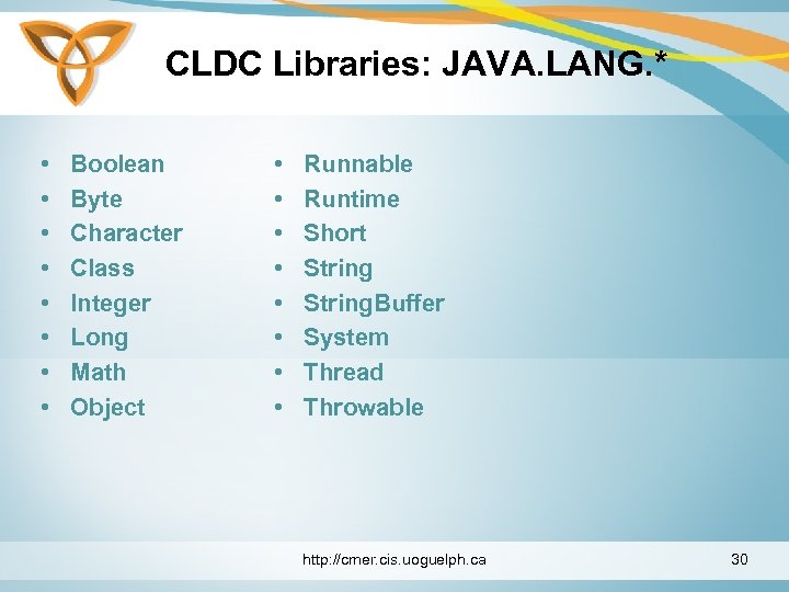 CLDC Libraries: JAVA. LANG. * • • Boolean Byte Character Class Integer Long Math