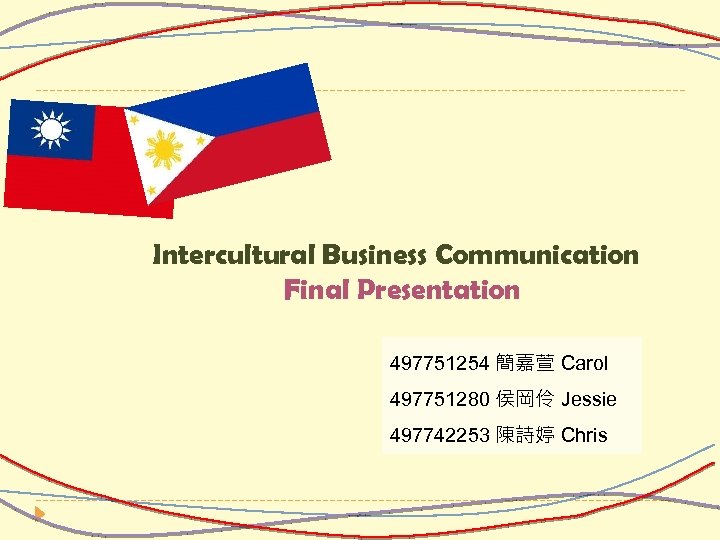 Intercultural Business Communication Final Presentation 497751254 簡嘉萱 Carol 497751280 侯岡伶 Jessie 497742253 陳詩婷 Chris