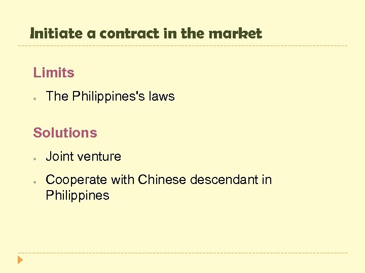 Initiate a contract in the market Limits ● The Philippines's laws Solutions ● ●