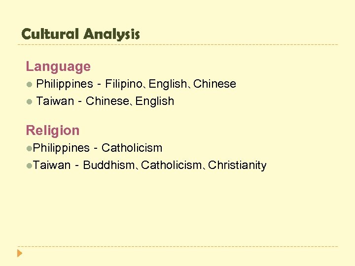 Cultural Analysis Language l Philippines－Filipino､English､Chinese l Taiwan－Chinese､English Religion l. Philippines－Catholicism l. Taiwan－Buddhism､Catholicism､Christianity 