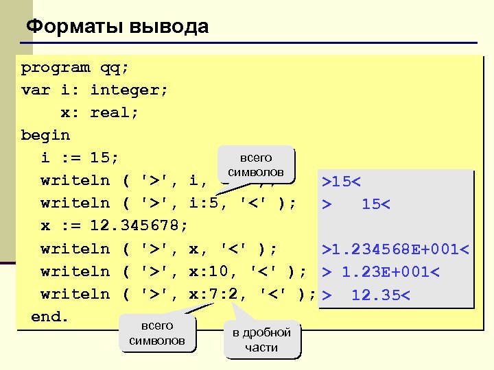 Форматы вывода program qq; var i: integer; x: real; begin всего i : =