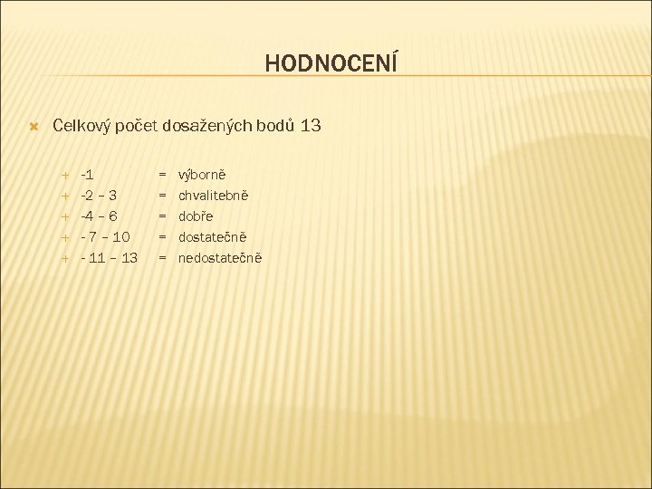 HODNOCENÍ Celkový počet dosažených bodů 13 -1 -2 – 3 -4 – 6 -