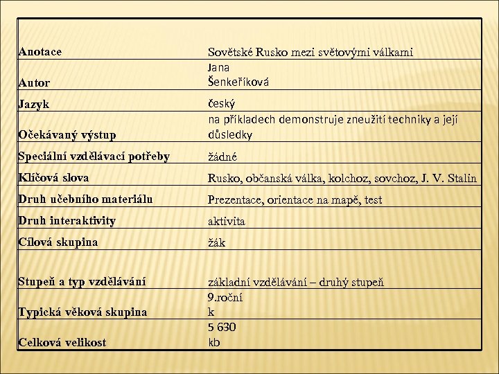 Anotace Autor Sovětské Rusko mezi světovými válkami Jana Šenkeříková Očekávaný výstup český na příkladech