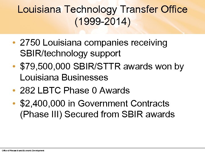 Louisiana Technology Transfer Office (1999 -2014) • 2750 Louisiana companies receiving SBIR/technology support •