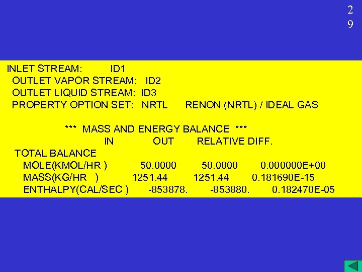 2 9 INLET STREAM: ID 1 OUTLET VAPOR STREAM: ID 2 OUTLET LIQUID STREAM: