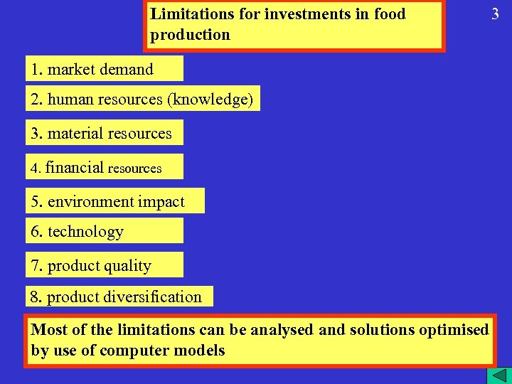 Limitations for investments in food production 1. market demand 2. human resources (knowledge) 3.