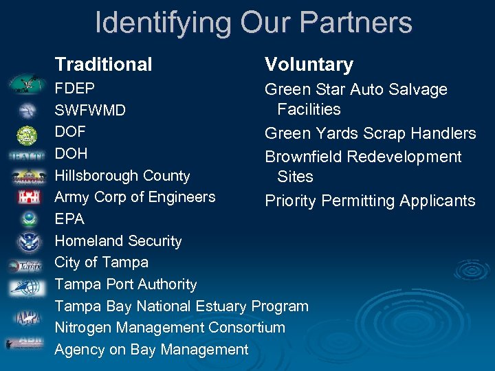 Identifying Our Partners Traditional Voluntary FDEP Green Star Auto Salvage Facilities SWFWMD DOF Green