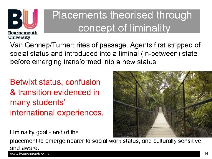Placements theorised through concept of liminality Van Gennep/Turner: rites of passage. Agents first stripped