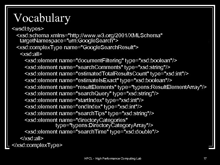 Vocabulary <wsdl: types> <xsd: schema xmlns="http: //www. w 3. org/2001/XMLSchema" target. Namespace="urn: Google. Search">