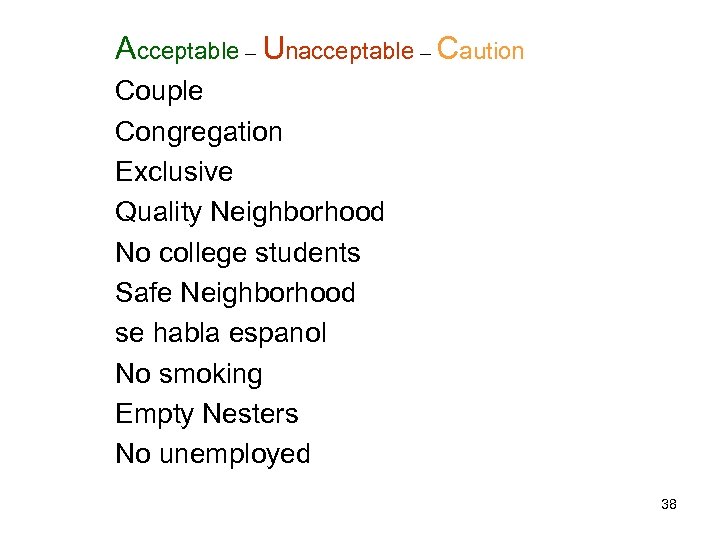 Acceptable – Unacceptable – Caution Couple Congregation Exclusive Quality Neighborhood No college students Safe