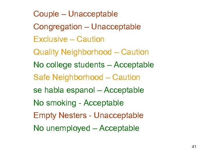Couple – Unacceptable Congregation – Unacceptable Exclusive – Caution Quality Neighborhood – Caution No