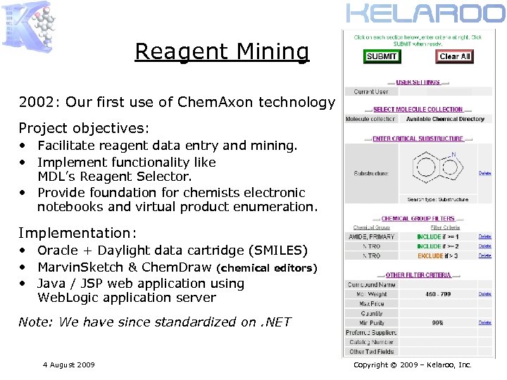Reagent Mining 2002: Our first use of Chem. Axon technology Project objectives: • Facilitate
