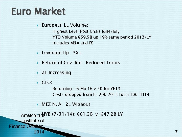 Euro Market European LL Volume: Highest Level Post Crisis June/July YTD Volume € 59.