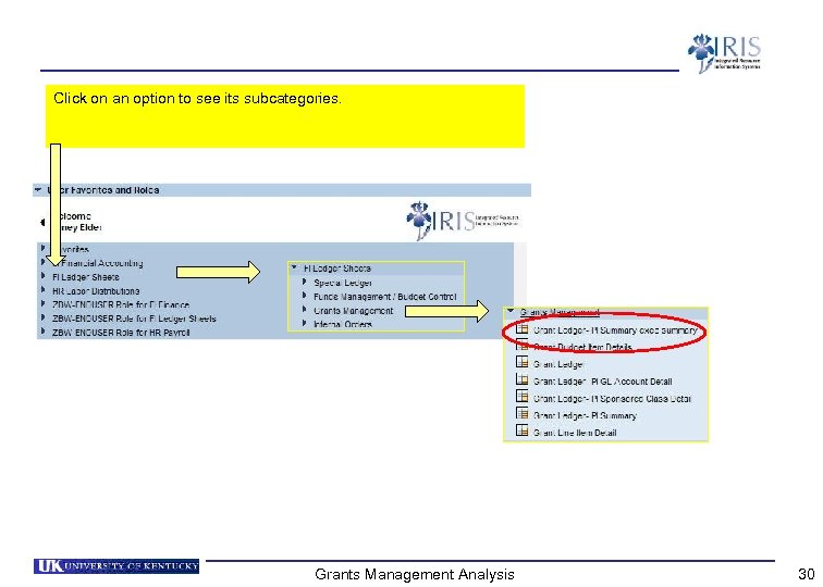 Click on an option to see its subcategories. Grants Management Analysis 30 