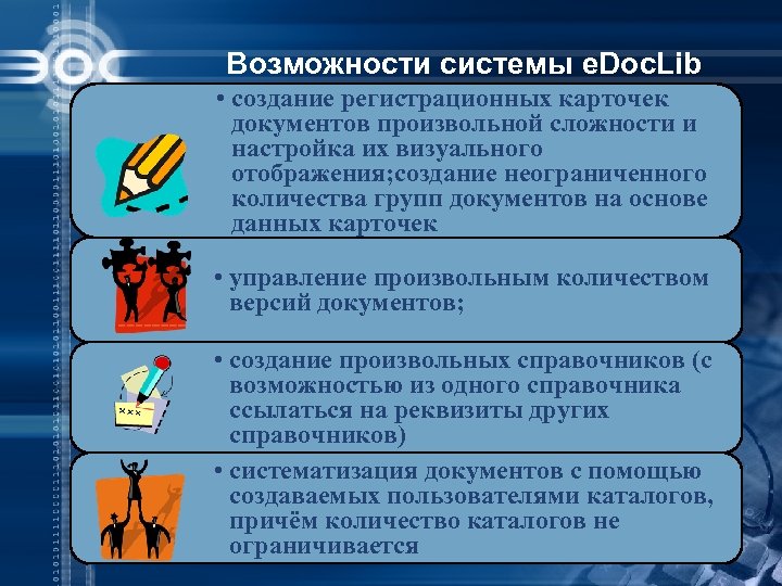 Возможности системы e. Doc. Lib • создание регистрационных карточек документов произвольной сложности и настройка