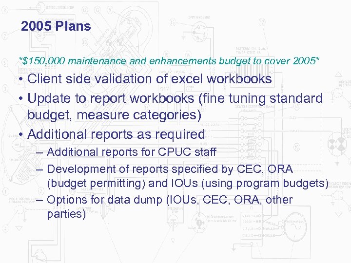 2005 Plans *$150, 000 maintenance and enhancements budget to cover 2005* • Client side