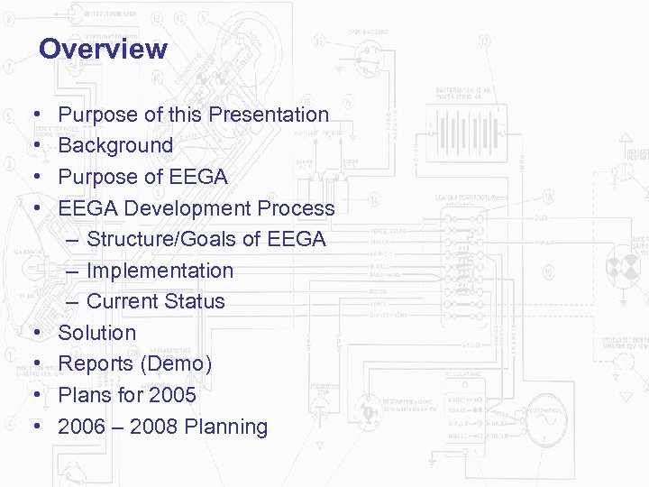 Overview • • Purpose of this Presentation Background Purpose of EEGA Development Process –