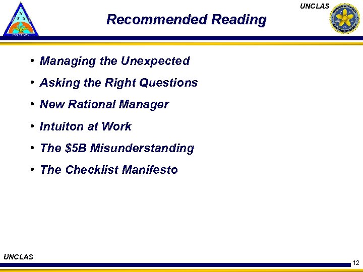 UNCLAS Recommended Reading • Managing the Unexpected • Asking the Right Questions • New