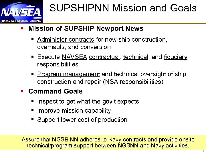 SUPSHIPNN Mission and Goals § Mission of SUPSHIP Newport News § Administer contracts for