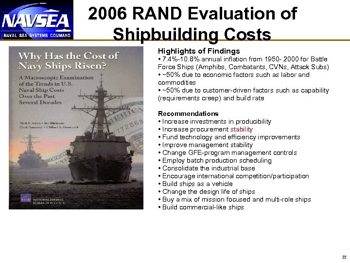 2006 RAND Evaluation of Shipbuilding Costs Highlights of Findings • 7. 4%-10. 8% annual