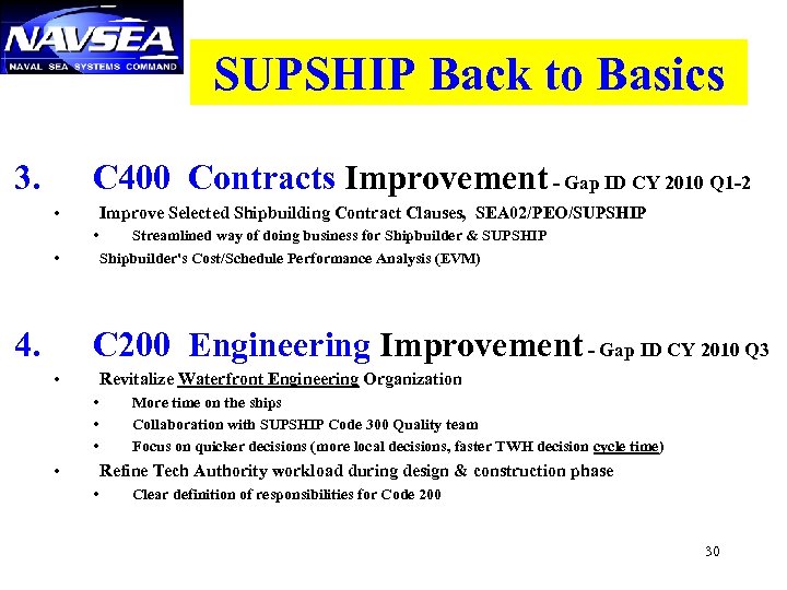 SUPSHIP Back to Basics 3. C 400 Contracts Improvement - Gap ID CY 2010