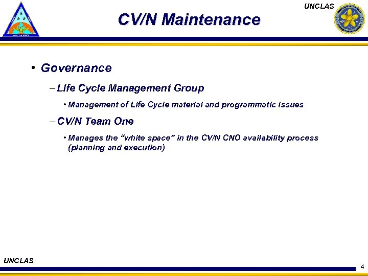 CV/N Maintenance UNCLAS • Governance – Life Cycle Management Group • Management of Life