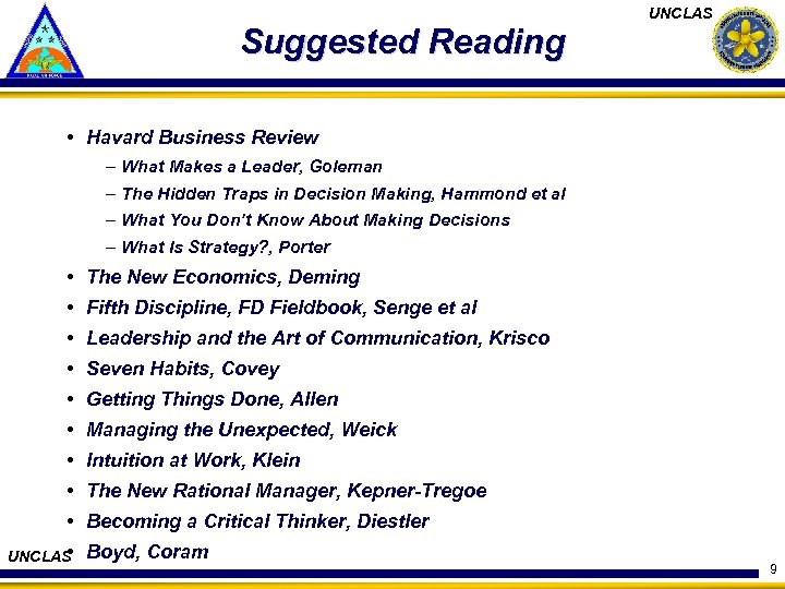 Suggested Reading UNCLAS • Havard Business Review – What Makes a Leader, Goleman –