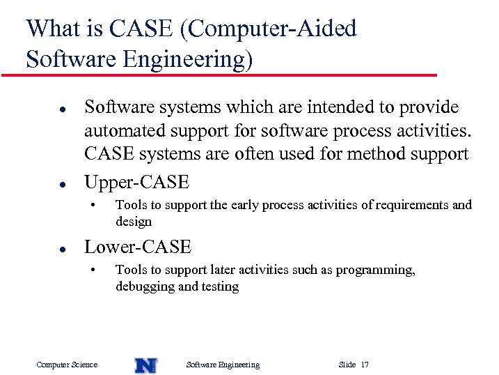 What is CASE (Computer-Aided Software Engineering) l l Software systems which are intended to