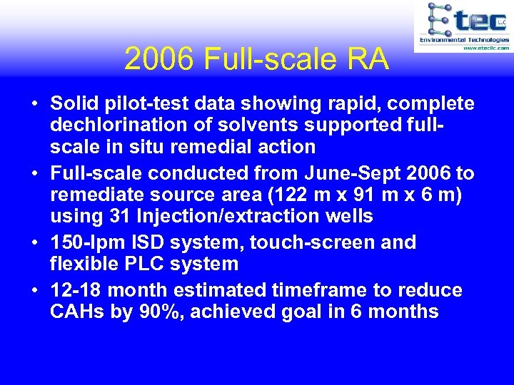 2006 Full-scale RA • Solid pilot-test data showing rapid, complete dechlorination of solvents supported