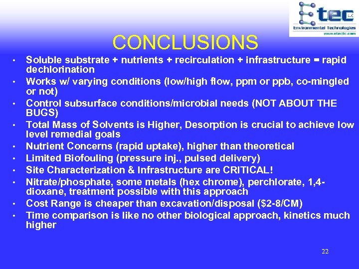 CONCLUSIONS • • • Soluble substrate + nutrients + recirculation + infrastructure = rapid