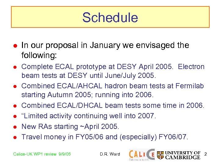 Schedule l In our proposal in January we envisaged the following: l Complete ECAL