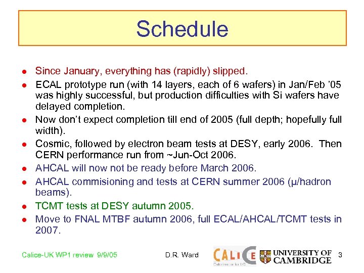 Schedule l l l l Since January, everything has (rapidly) slipped. ECAL prototype run