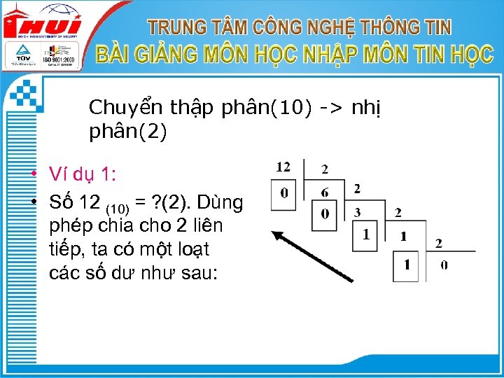 Chuyển thập phân(10) -> nhị phân(2) • Ví dụ 1: • Số 12 (10)