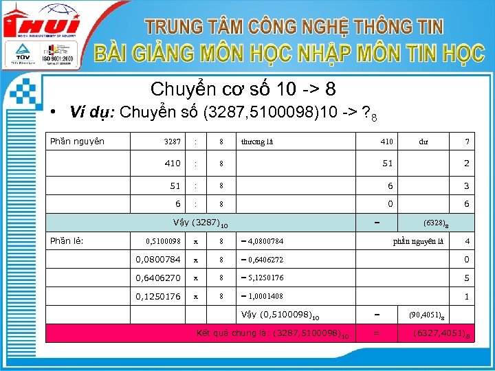 Chuyển cơ số 10 -> 8 • Ví dụ: Chuyển số (3287, 5100098)10 ->