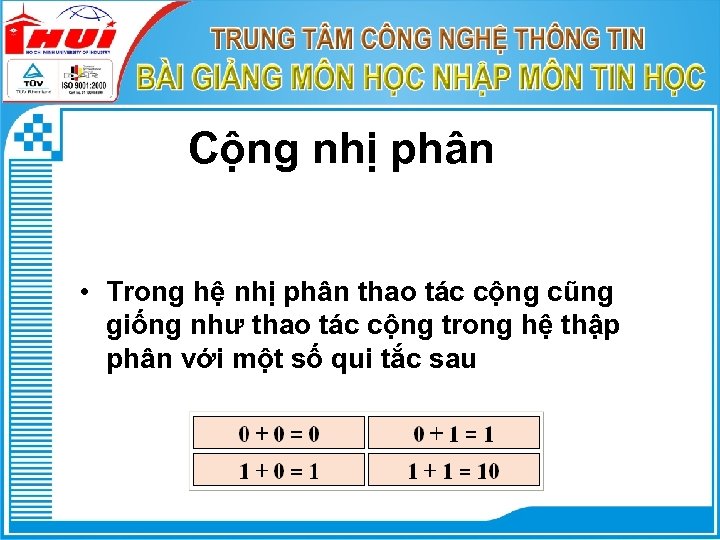 Cộng nhị phân • Trong hệ nhị phân thao tác cộng cũng giống như
