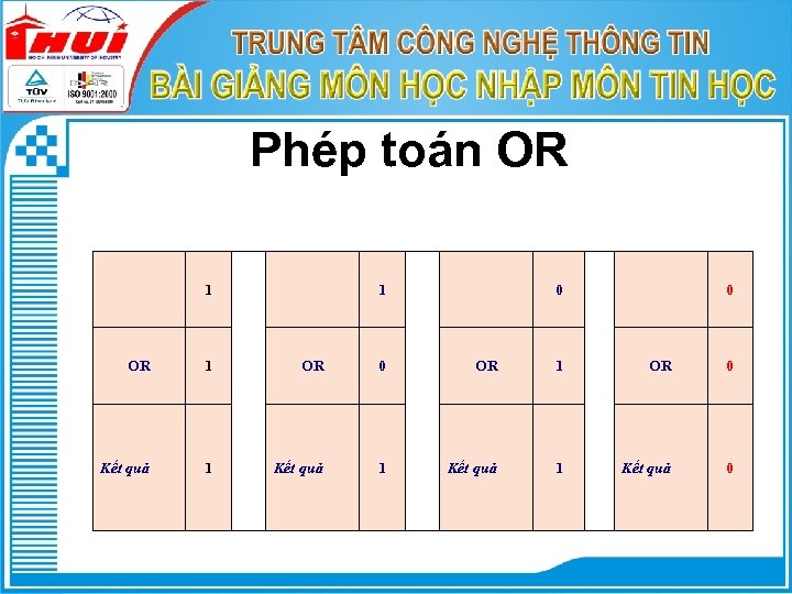 Phép toán OR 1 1 OR 0 Kết quả 1 0 OR 1 Kết