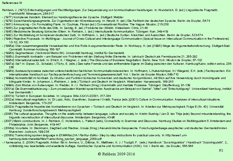 References IV Rehbein, J. (1972) Entschuldigungen und Rechtfertigungen. Zur Sequenzierung von kommunikativen Handlungen. In: