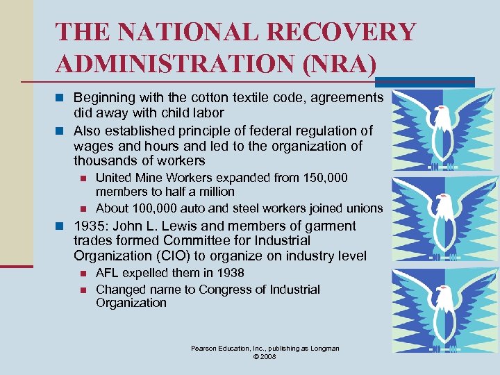 THE NATIONAL RECOVERY ADMINISTRATION (NRA) n Beginning with the cotton textile code, agreements did