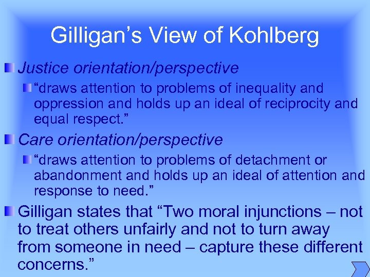 Gilligan’s View of Kohlberg Justice orientation/perspective “draws attention to problems of inequality and oppression