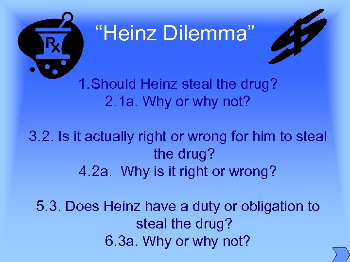 “Heinz Dilemma” 1. Should Heinz steal the drug? 2. 1 a. Why or why