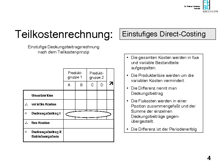 Dr. Rainer Ambrosy Kanzler Teilkostenrechnung: Einstufiges Direct-Costing Einstufige Deckungsbeitragsrechnung nach dem Teilkostenprinzip • Die