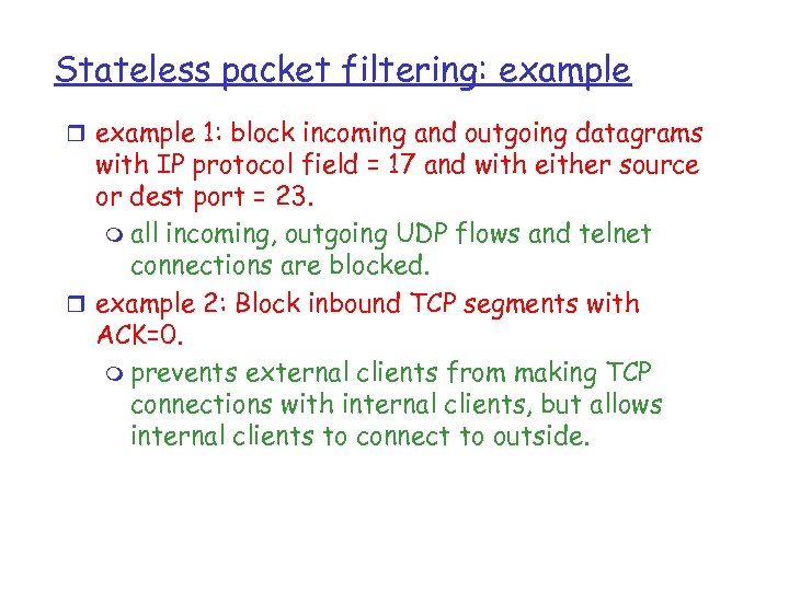 Stateless packet filtering: example r example 1: block incoming and outgoing datagrams with IP