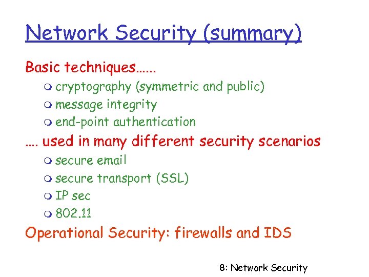 Network Security (summary) Basic techniques…. . . m cryptography (symmetric and public) m message