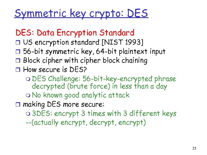 Symmetric key crypto: DES: Data Encryption Standard r US encryption standard [NIST 1993] r