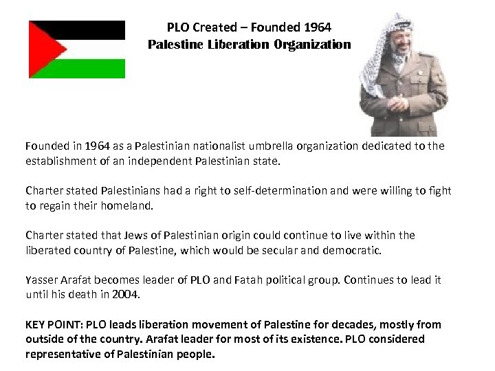 PLO Created – Founded 1964 Palestine Liberation Organization Founded in 1964 as a Palestinian