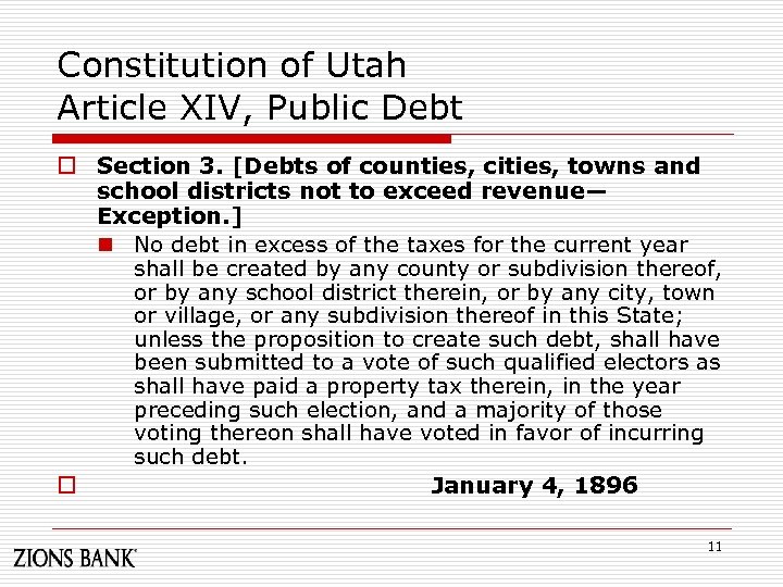 Constitution of Utah Article XIV, Public Debt o Section 3. [Debts of counties, cities,